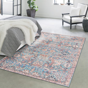 Washable Blue 10' 6 x 13' 1 Nostalgia Rectangle Area Rug Easy to Clean Stain Resistant & Durable Polyester Chenille Vintage Distressed Carpet for Sale at Rug Engine
