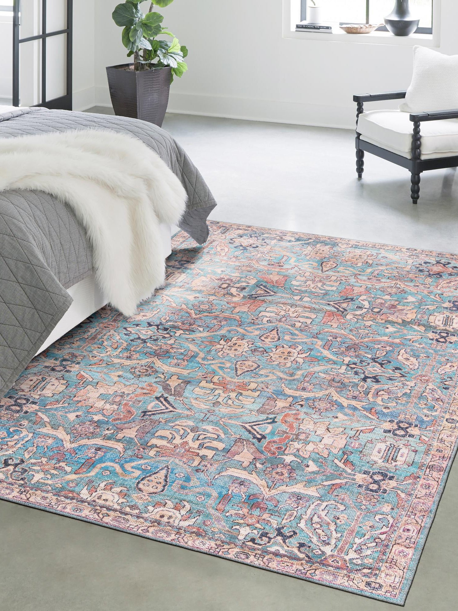 Washable Blue 6' 1 x 9' Nostalgia Rectangle Area Rug Easy to Clean Stain Resistant & Durable Polyester Chenille Vintage Distressed Carpet for Sale at Rug Engine