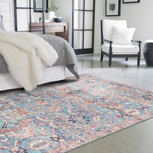 Washable Blue 7' 10 x 10' Nostalgia Rectangle Area Rug Easy to Clean Stain Resistant & Durable Polyester Chenille Vintage Distressed Carpet for Sale at Rug Engine