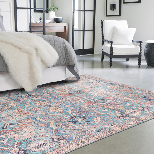 Washable Blue 7' 10 x 10' Nostalgia Rectangle Area Rug Easy to Clean Stain Resistant & Durable Polyester Chenille Vintage Distressed Carpet for Sale at Rug Engine