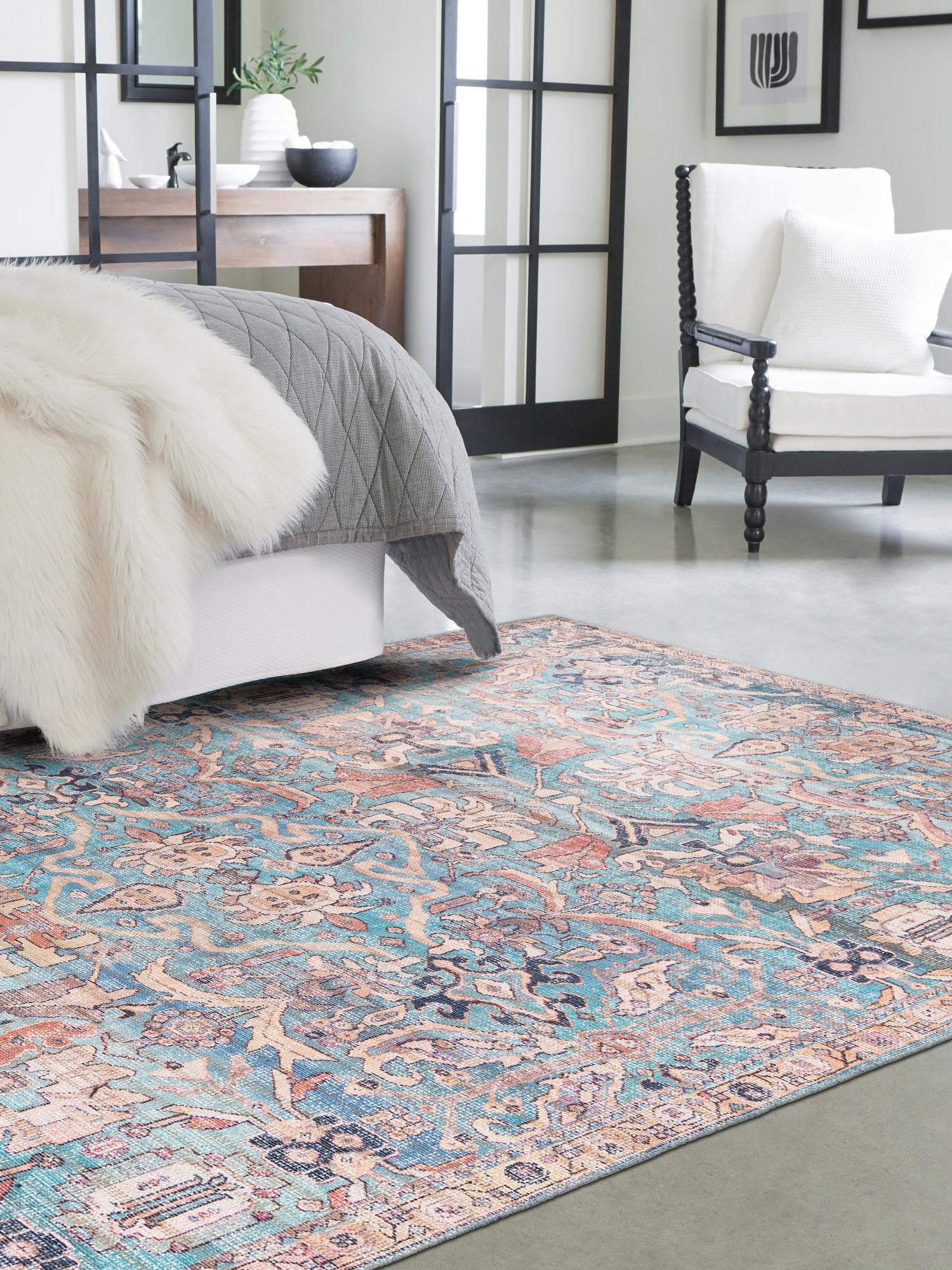 Washable Blue 10' 6 x 13' 1 Nostalgia Rectangle Area Rug Easy to Clean Stain Resistant & Durable Polyester Chenille Vintage Distressed Carpet for Sale at Rug Engine