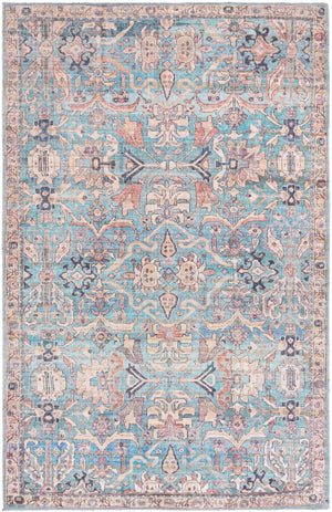 Washable Blue 4' 1 x 6' 1 Nostalgia Rectangle Area Rug Easy to Clean Stain Resistant & Durable Polyester Chenille Vintage Distressed Carpet for Sale at Rug Engine