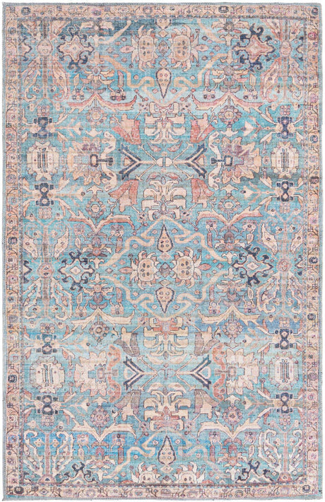 Washable Blue 4' 1 x 6' 1 Nostalgia Rectangle Area Rug Easy to Clean Stain Resistant & Durable Polyester Chenille Vintage Distressed Carpet for Sale at Rug Engine