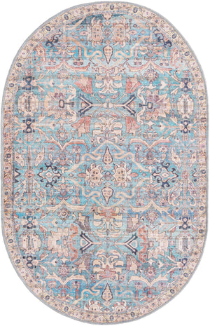 Washable Blue 4' 1 x 6' 1 Nostalgia Oval Area Rug Easy to Clean Stain Resistant & Durable Polyester Chenille Vintage Distressed Carpet for Sale at Rug Engine