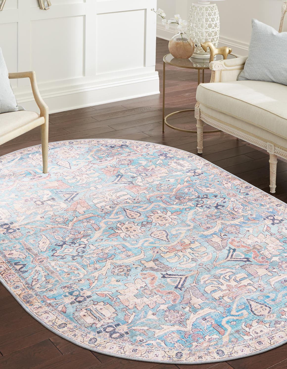 Washable Blue 4' 1 x 6' 1 Nostalgia Oval Area Rug Easy to Clean Stain Resistant & Durable Polyester Chenille Vintage Distressed Carpet for Sale at Rug Engine