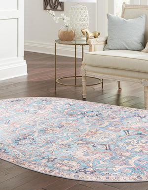 Washable Blue 4' 1 x 6' 1 Nostalgia Oval Area Rug Easy to Clean Stain Resistant & Durable Polyester Chenille Vintage Distressed Carpet for Sale at Rug Engine