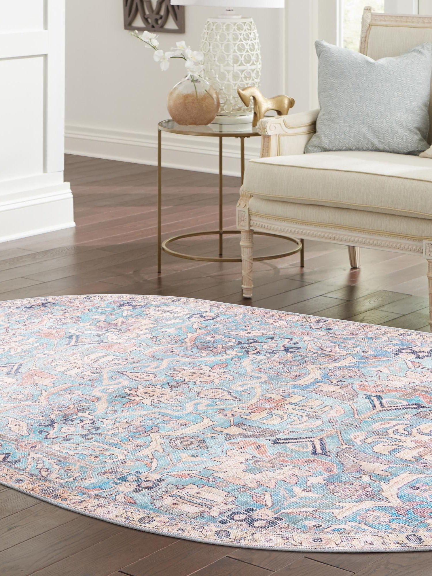 Washable Blue 5' 3 x 8' Nostalgia Oval Area Rug Easy to Clean Stain Resistant & Durable Polyester Chenille Vintage Distressed Carpet for Sale at Rug Engine