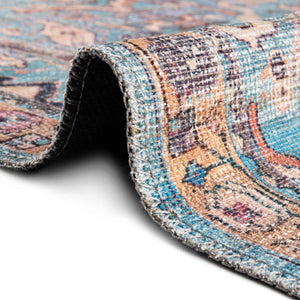 Washable Blue 5' 3 x 8' Nostalgia Oval Area Rug Easy to Clean Stain Resistant & Durable Polyester Chenille Vintage Distressed Carpet for Sale at Rug Engine