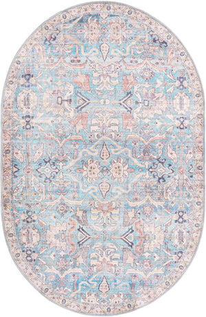 Washable Blue 5' 3 x 8' Nostalgia Oval Area Rug Easy to Clean Stain Resistant & Durable Polyester Chenille Vintage Distressed Carpet for Sale at Rug Engine