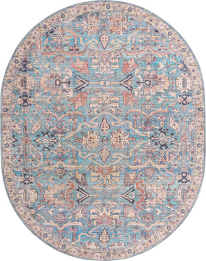 Washable Blue 7' 10 x 10' Nostalgia Oval Area Rug Easy to Clean Stain Resistant & Durable Polyester Chenille Vintage Distressed Carpet for Sale at Rug Engine
