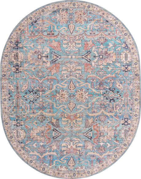 Washable Blue 7' 10 x 10' Nostalgia Oval Area Rug Easy to Clean Stain Resistant & Durable Polyester Chenille Vintage Distressed Carpet for Sale at Rug Engine