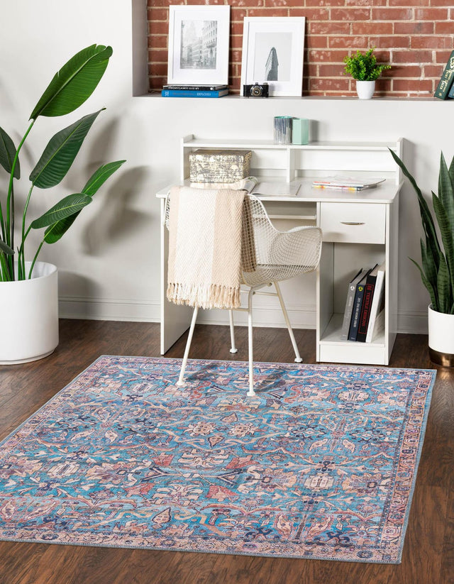 Washable Blue 7' 3 x 7' 3 Nostalgia Square Area Rug Easy to Clean Stain Resistant & Durable Polyester Chenille Vintage Distressed Carpet for Sale at Rug Engine