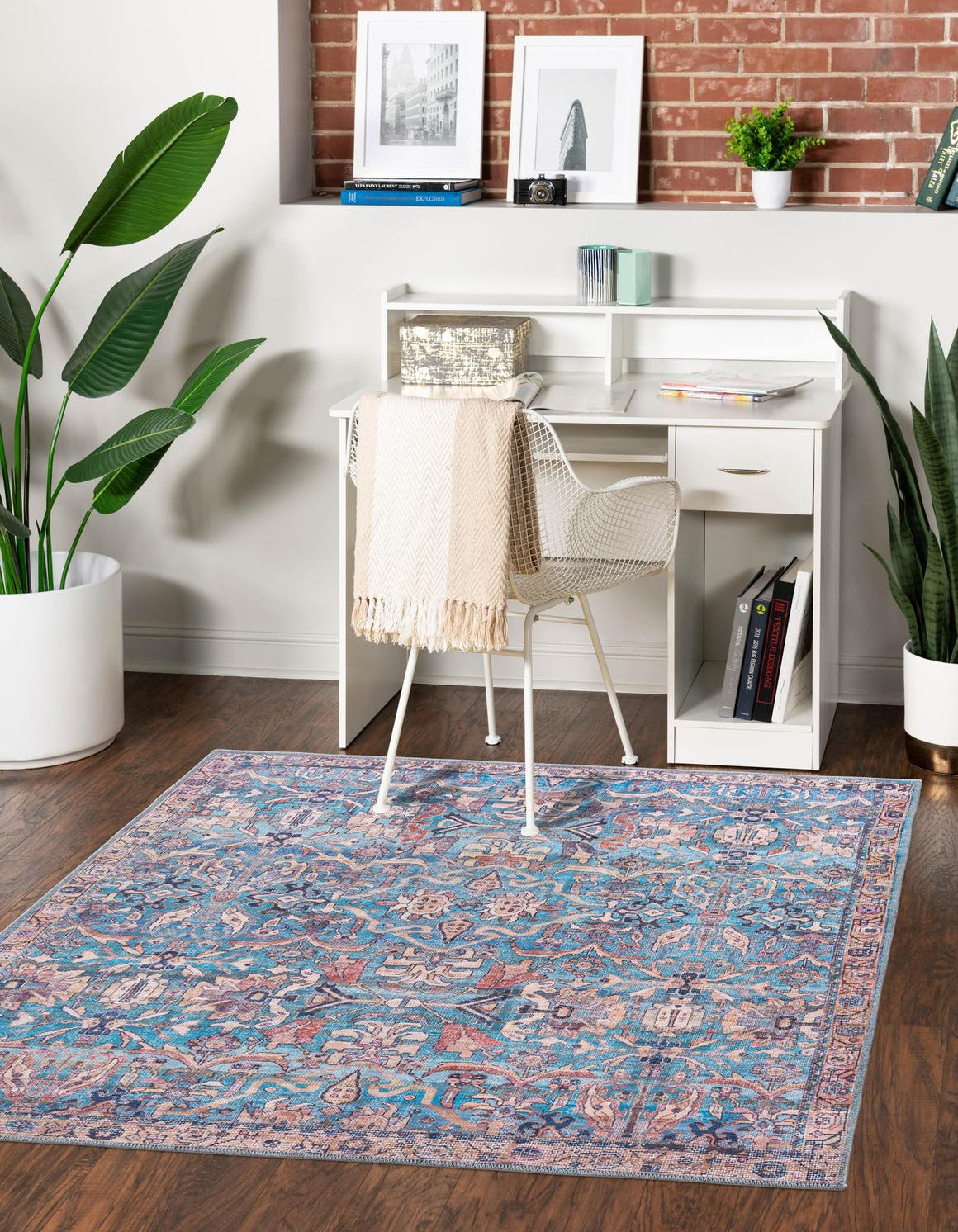 Washable Blue 5' 3 x 5' 3 Nostalgia Square Area Rug Easy to Clean Stain Resistant & Durable Polyester Chenille Vintage Distressed Carpet for Sale at Rug Engine
