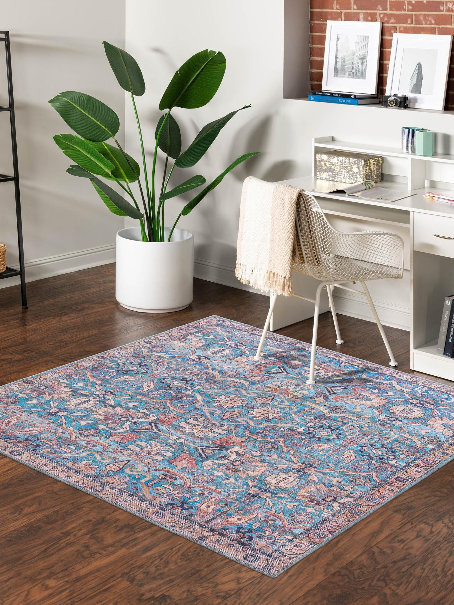 Washable Blue 7' 3 x 7' 3 Nostalgia Square Area Rug Easy to Clean Stain Resistant & Durable Polyester Chenille Vintage Distressed Carpet for Sale at Rug Engine