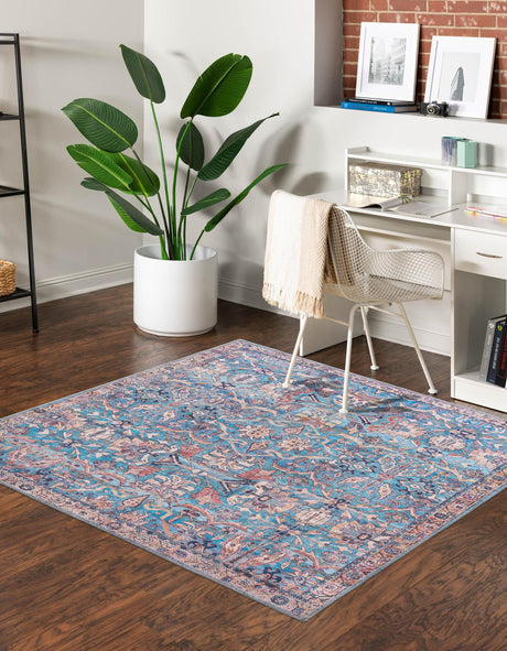 Washable Blue 7' 3 x 7' 3 Nostalgia Square Area Rug Easy to Clean Stain Resistant & Durable Polyester Chenille Vintage Distressed Carpet for Sale at Rug Engine