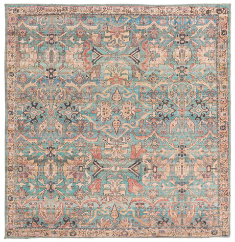 Washable Blue 5' 3 x 5' 3 Nostalgia Square Area Rug Easy to Clean Stain Resistant & Durable Polyester Chenille Vintage Distressed Carpet for Sale at Rug Engine
