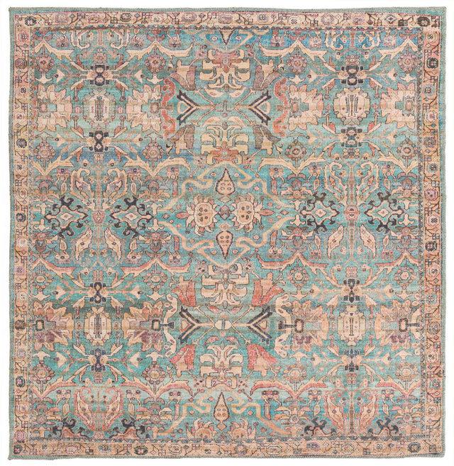 Washable Blue 5' 3 x 5' 3 Nostalgia Square Area Rug Easy to Clean Stain Resistant & Durable Polyester Chenille Vintage Distressed Carpet for Sale at Rug Engine