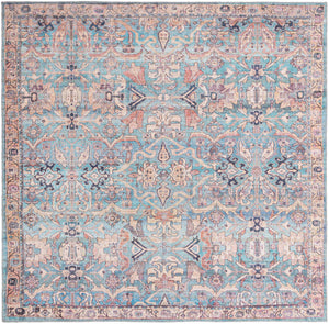Washable Blue 7' 10 x 7' 10 Nostalgia Square Area Rug Easy to Clean Stain Resistant & Durable Polyester Chenille Vintage Distressed Carpet for Sale at Rug Engine