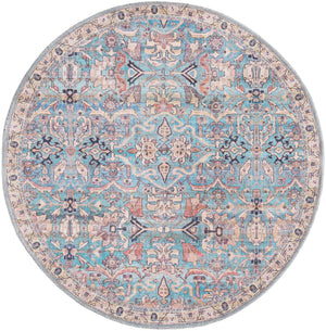 Washable Blue 3' 3 x 3' 3 Nostalgia Round Area Rug Easy to Clean Stain Resistant & Durable Polyester Chenille Vintage Distressed Carpet for Sale at Rug Engine