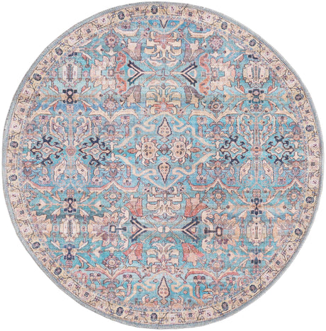 Washable Blue 3' 3 x 3' 3 Nostalgia Round Area Rug Easy to Clean Stain Resistant & Durable Polyester Chenille Vintage Distressed Carpet for Sale at Rug Engine