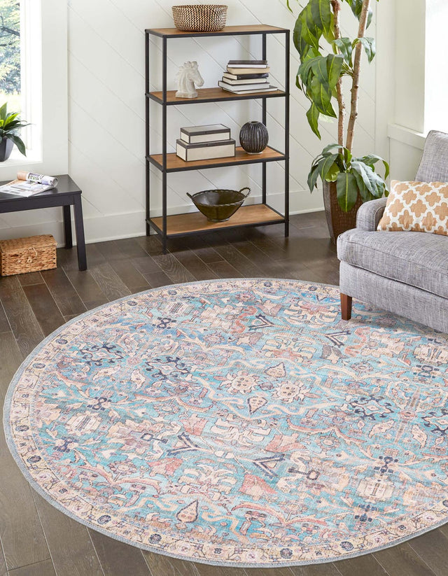 Washable Blue 3' 3 x 3' 3 Nostalgia Round Area Rug Easy to Clean Stain Resistant & Durable Polyester Chenille Vintage Distressed Carpet for Sale at Rug Engine