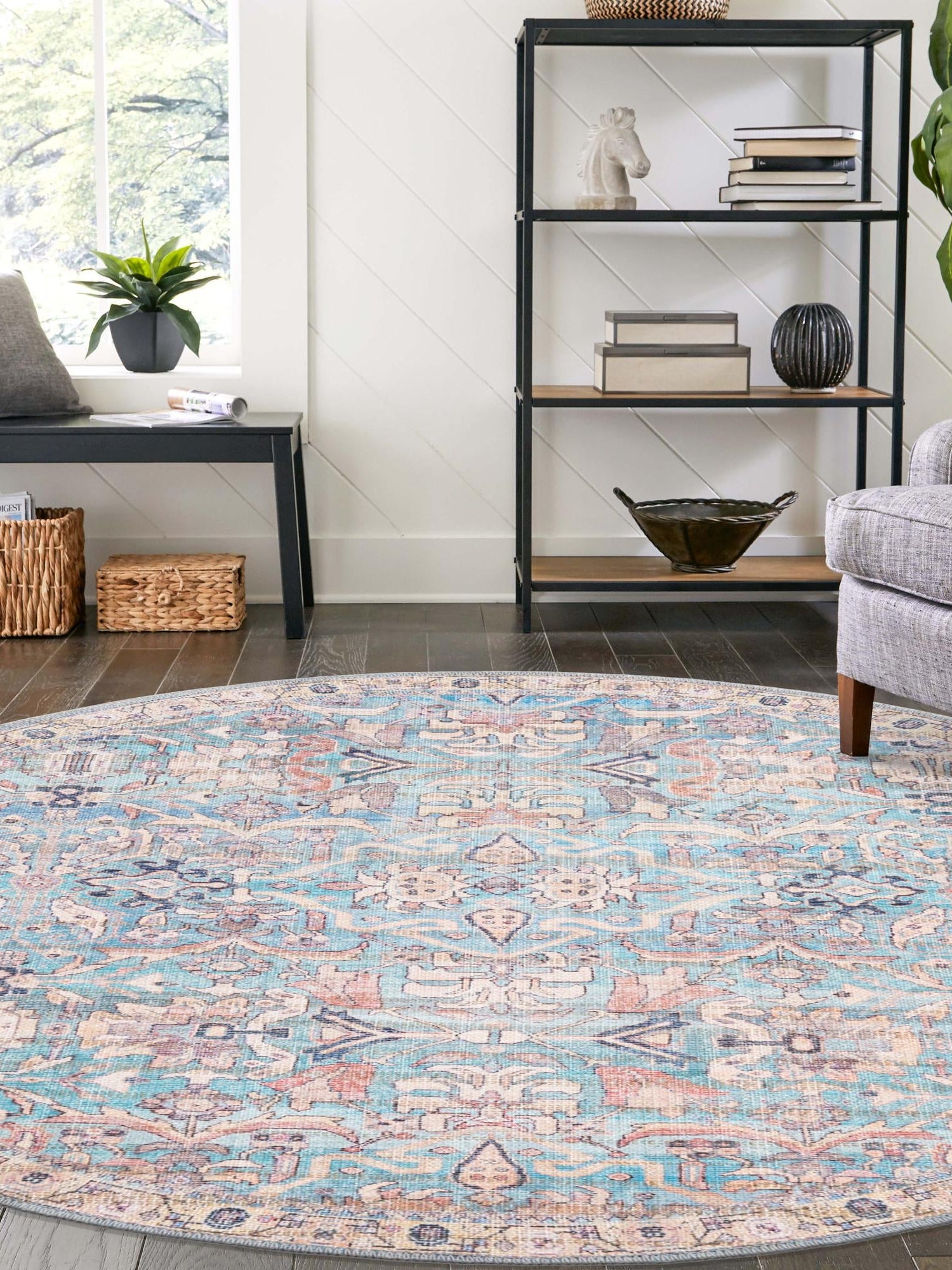 Washable Blue 4' 1 x 4' 1 Nostalgia Round Area Rug Easy to Clean Stain Resistant & Durable Polyester Chenille Vintage Distressed Carpet for Sale at Rug Engine