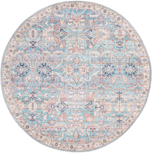 Washable Blue 4' 1 x 4' 1 Nostalgia Round Area Rug Easy to Clean Stain Resistant & Durable Polyester Chenille Vintage Distressed Carpet for Sale at Rug Engine