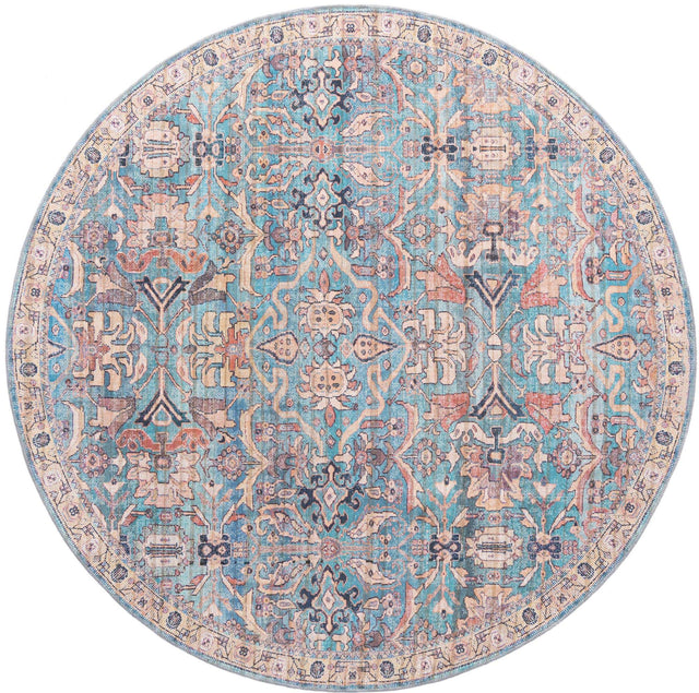 Washable Blue 7' 10 x 7' 10 Nostalgia Round Area Rug Easy to Clean Stain Resistant & Durable Polyester Chenille Vintage Distressed Carpet for Sale at Rug Engine