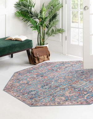 Washable Blue 7' 10 x 7' 10 Nostalgia Octagon Area Rug Easy to Clean Stain Resistant & Durable Polyester Chenille Vintage Distressed Carpet for Sale at Rug Engine