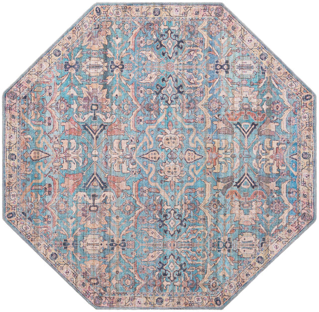 Washable Blue 5' 3 x 5' 3 Nostalgia Octagon Area Rug Easy to Clean Stain Resistant & Durable Polyester Chenille Vintage Distressed Carpet for Sale at Rug Engine