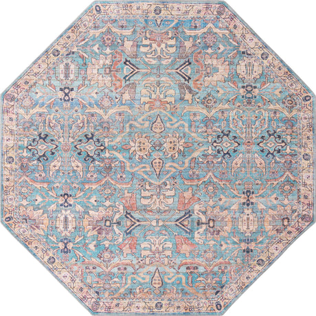 Washable Blue 7' 10 x 7' 10 Nostalgia Octagon Area Rug Easy to Clean Stain Resistant & Durable Polyester Chenille Vintage Distressed Carpet for Sale at Rug Engine