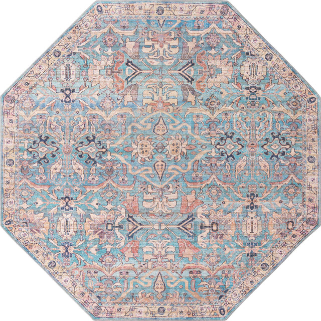 Washable Blue 7' 10 x 7' 10 Nostalgia Octagon Area Rug Easy to Clean Stain Resistant & Durable Polyester Chenille Vintage Distressed Carpet for Sale at Rug Engine