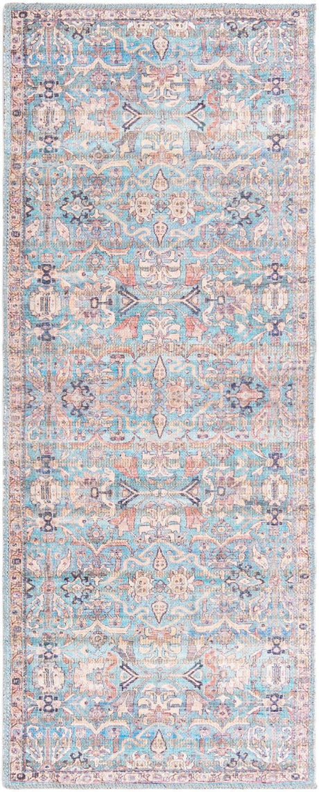 Washable Blue 2' x 5' 1 Nostalgia Runner Area Rug Easy to Clean Stain Resistant & Durable Polyester Chenille Vintage Distressed Carpet for Sale at Rug Engine