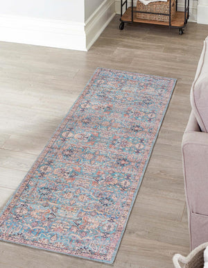 Washable Blue 2' 7 x 12' Nostalgia Runner Area Rug Easy to Clean Stain Resistant & Durable Polyester Chenille Vintage Distressed Carpet for Sale at Rug Engine