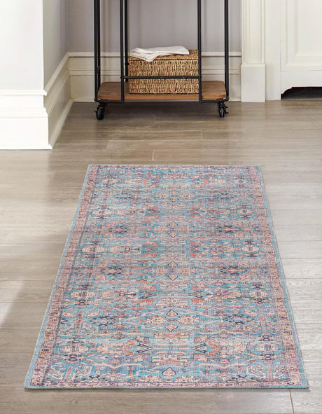 Washable Blue 2' 7 x 12' Nostalgia Runner Area Rug Easy to Clean Stain Resistant & Durable Polyester Chenille Vintage Distressed Carpet for Sale at Rug Engine