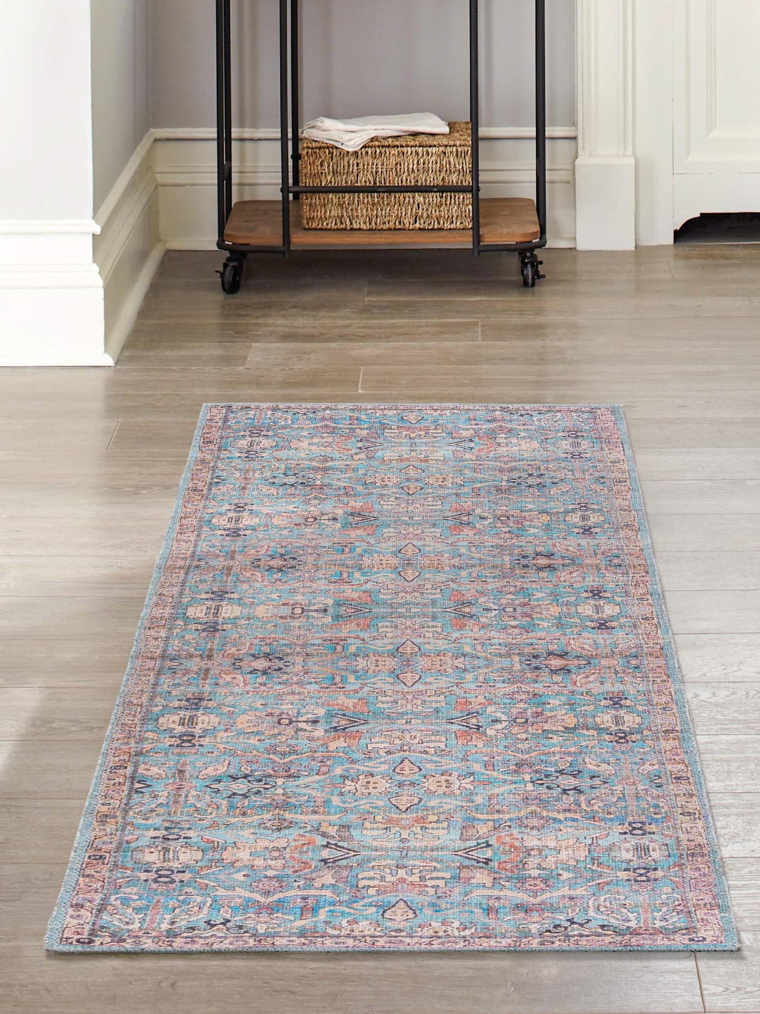 Washable Blue 2' x 8' Nostalgia Runner Area Rug Easy to Clean Stain Resistant & Durable Polyester Chenille Vintage Distressed Carpet for Sale at Rug Engine