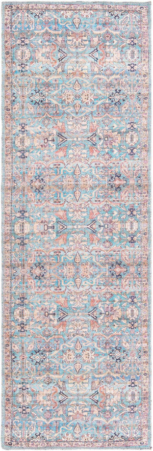 Washable Blue 2' x 6' 1 Nostalgia Runner Area Rug Easy to Clean Stain Resistant & Durable Polyester Chenille Vintage Distressed Carpet for Sale at Rug Engine