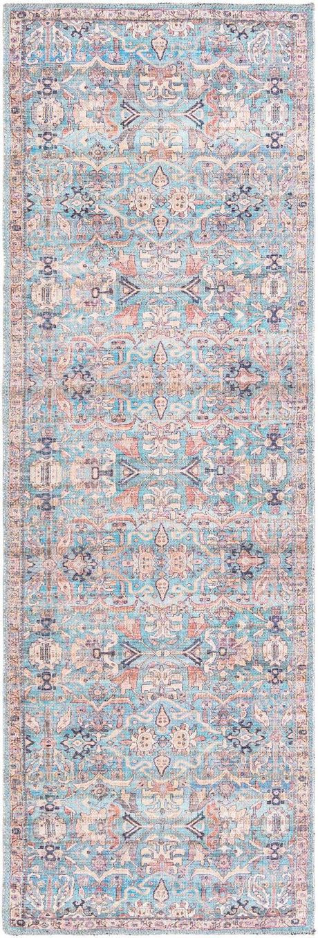 Washable Blue 2' x 6' 1 Nostalgia Runner Area Rug Easy to Clean Stain Resistant & Durable Polyester Chenille Vintage Distressed Carpet for Sale at Rug Engine