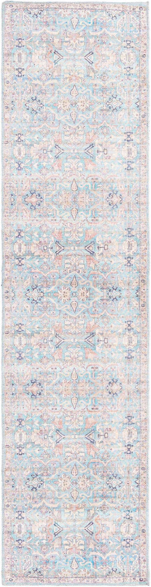 Washable Blue 2' x 8' Nostalgia Runner Area Rug Easy to Clean Stain Resistant & Durable Polyester Chenille Vintage Distressed Carpet for Sale at Rug Engine