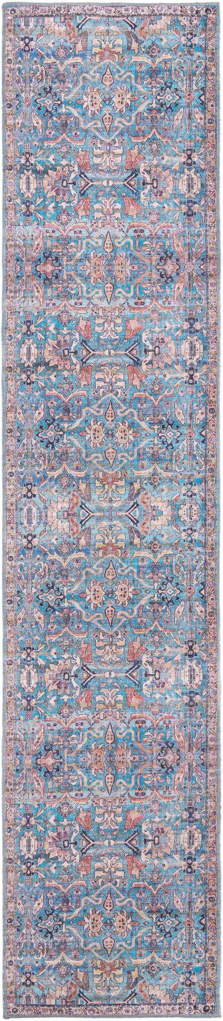 Washable Blue 2' 7 x 12' Nostalgia Runner Area Rug Easy to Clean Stain Resistant & Durable Polyester Chenille Vintage Distressed Carpet for Sale at Rug Engine