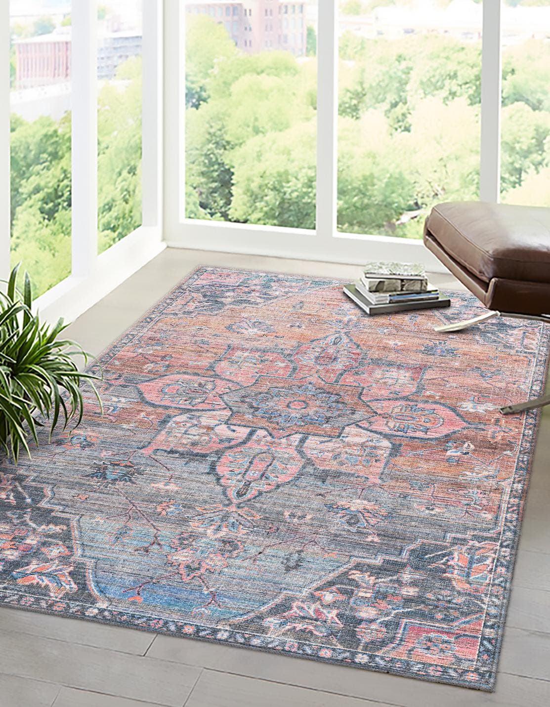 Washable Multicolor 6' 1 x 9' Nostalgia Rectangle Area Rug Easy to Clean Stain Resistant & Durable Polyester Chenille Vintage Distressed Carpet for Sale at Rug Engine