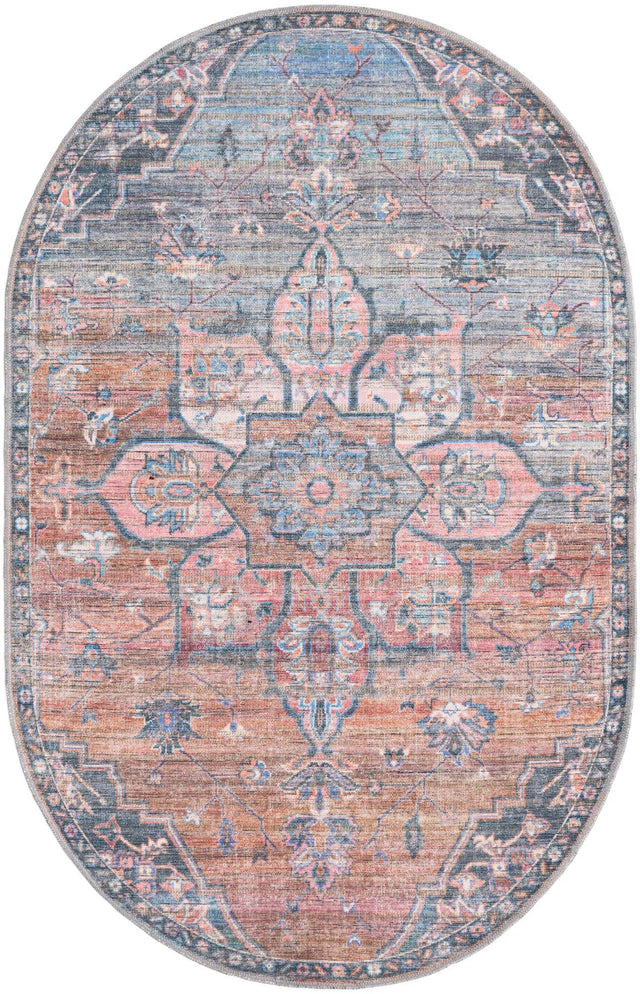 Washable Multicolor 4' 1 x 6' 1 Nostalgia Oval Area Rug Easy to Clean Stain Resistant & Durable Polyester Chenille Vintage Distressed Carpet for Sale at Rug Engine