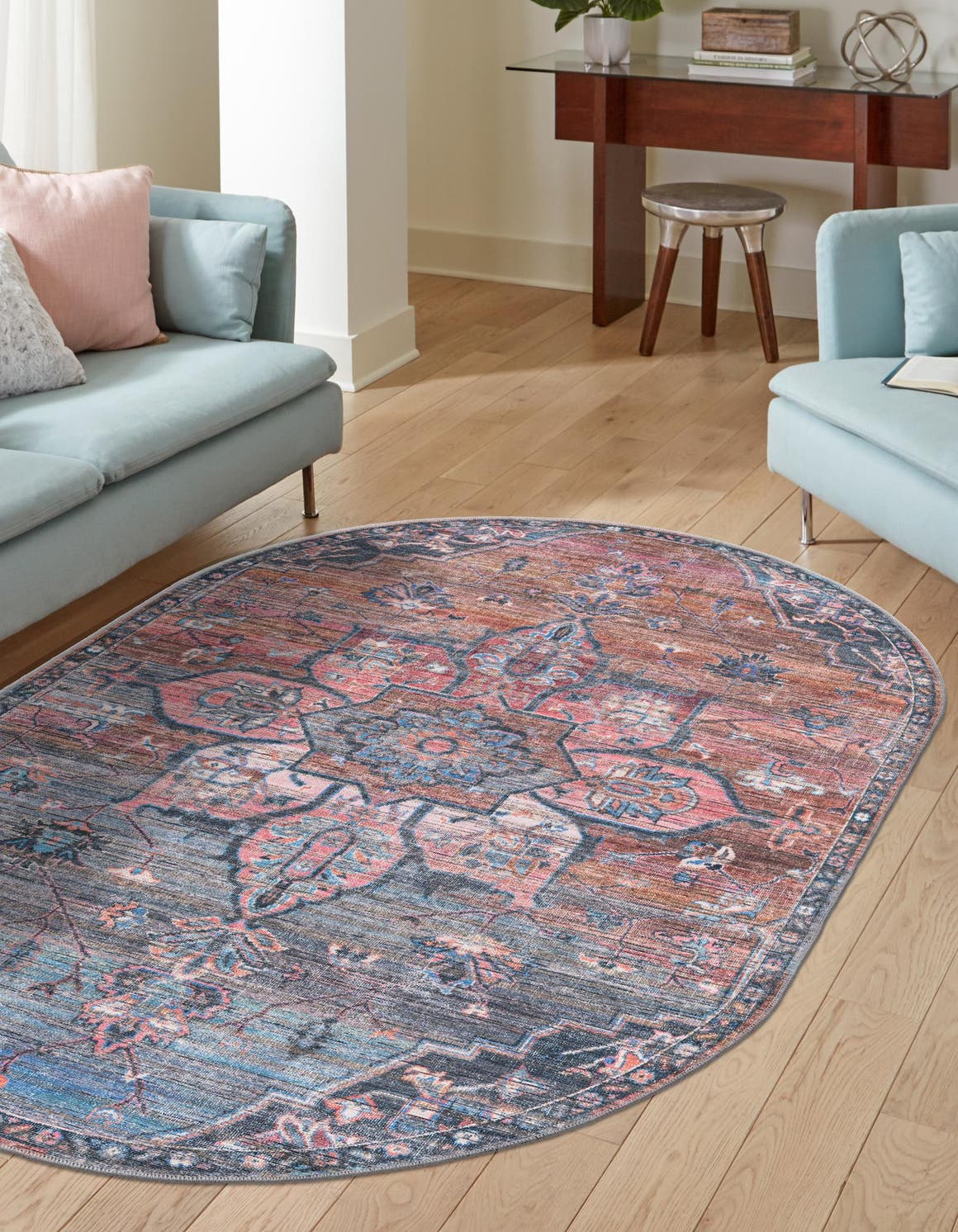 Washable Multicolor 4' 1 x 6' 1 Nostalgia Oval Area Rug Easy to Clean Stain Resistant & Durable Polyester Chenille Vintage Distressed Carpet for Sale at Rug Engine
