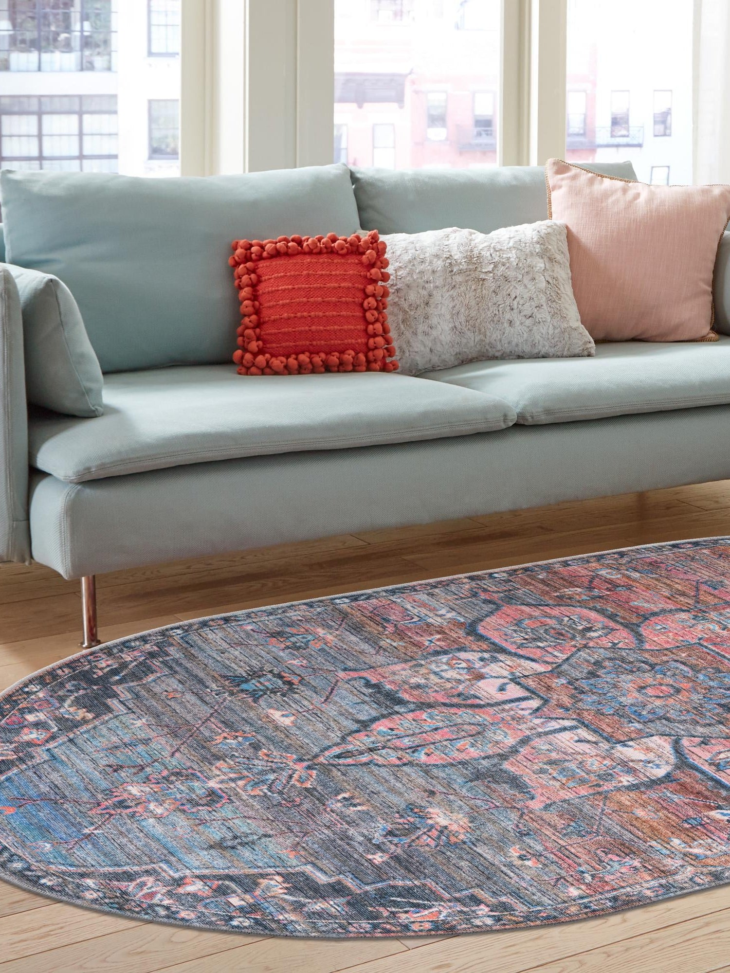 Washable Multicolor 4' 1 x 6' 1 Nostalgia Oval Area Rug Easy to Clean Stain Resistant & Durable Polyester Chenille Vintage Distressed Carpet for Sale at Rug Engine