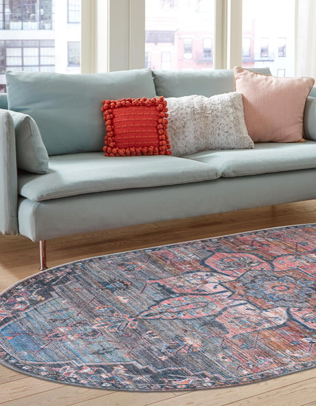 Washable Multicolor 7' 10 x 10' Nostalgia Oval Area Rug Easy to Clean Stain Resistant & Durable Polyester Chenille Vintage Distressed Carpet for Sale at Rug Engine
