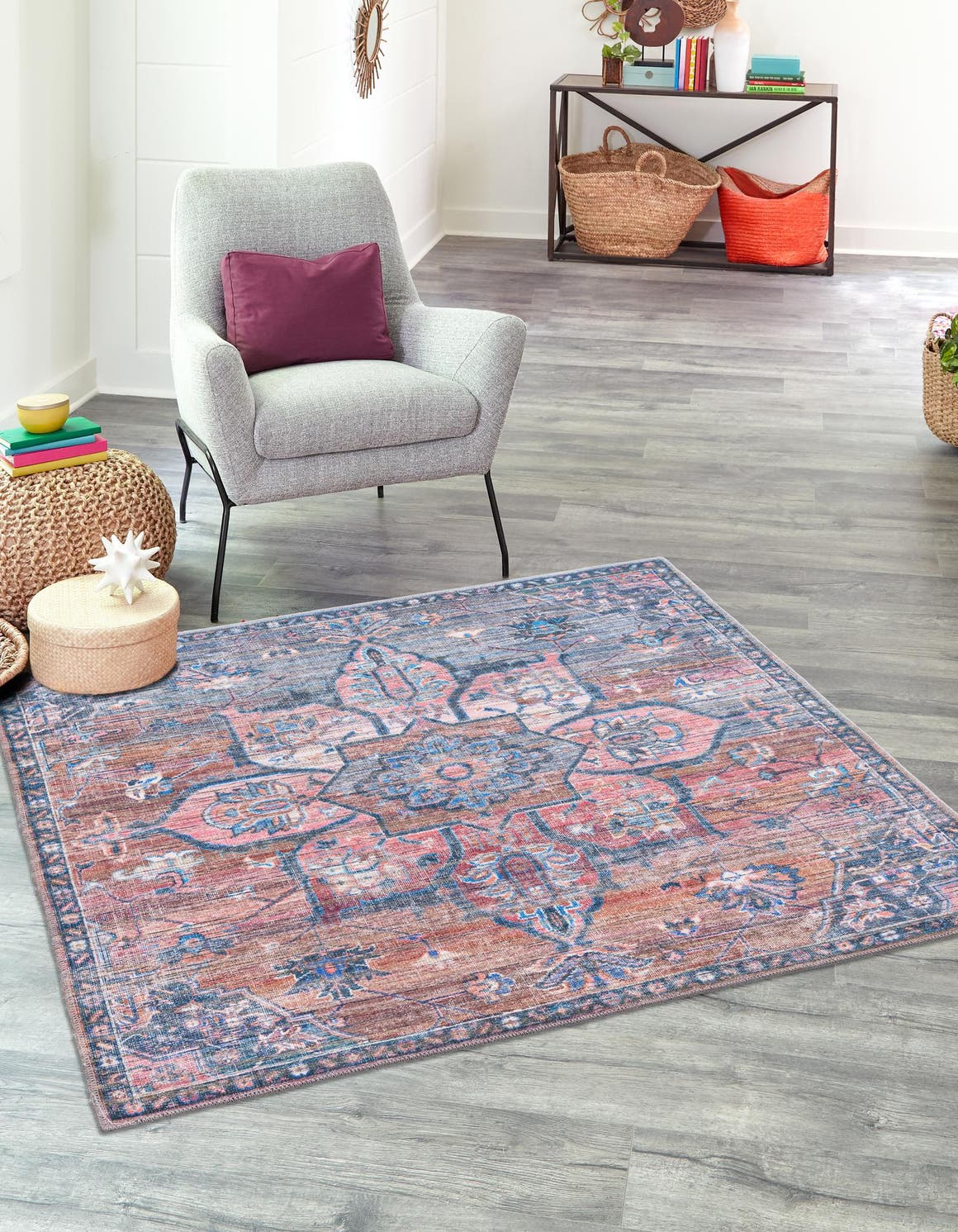 Washable Multicolor 7' 3 x 7' 3 Nostalgia Square Area Rug Easy to Clean Stain Resistant & Durable Polyester Chenille Vintage Distressed Carpet for Sale at Rug Engine