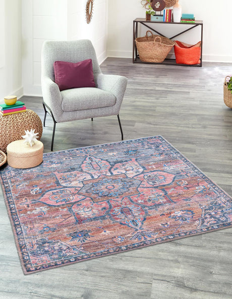 Washable Multicolor 7' 3 x 7' 3 Nostalgia Square Area Rug Easy to Clean Stain Resistant & Durable Polyester Chenille Vintage Distressed Carpet for Sale at Rug Engine