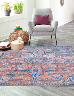 Washable Multicolor 7' 3 x 7' 3 Nostalgia Square Area Rug Easy to Clean Stain Resistant & Durable Polyester Chenille Vintage Distressed Carpet for Sale at Rug Engine