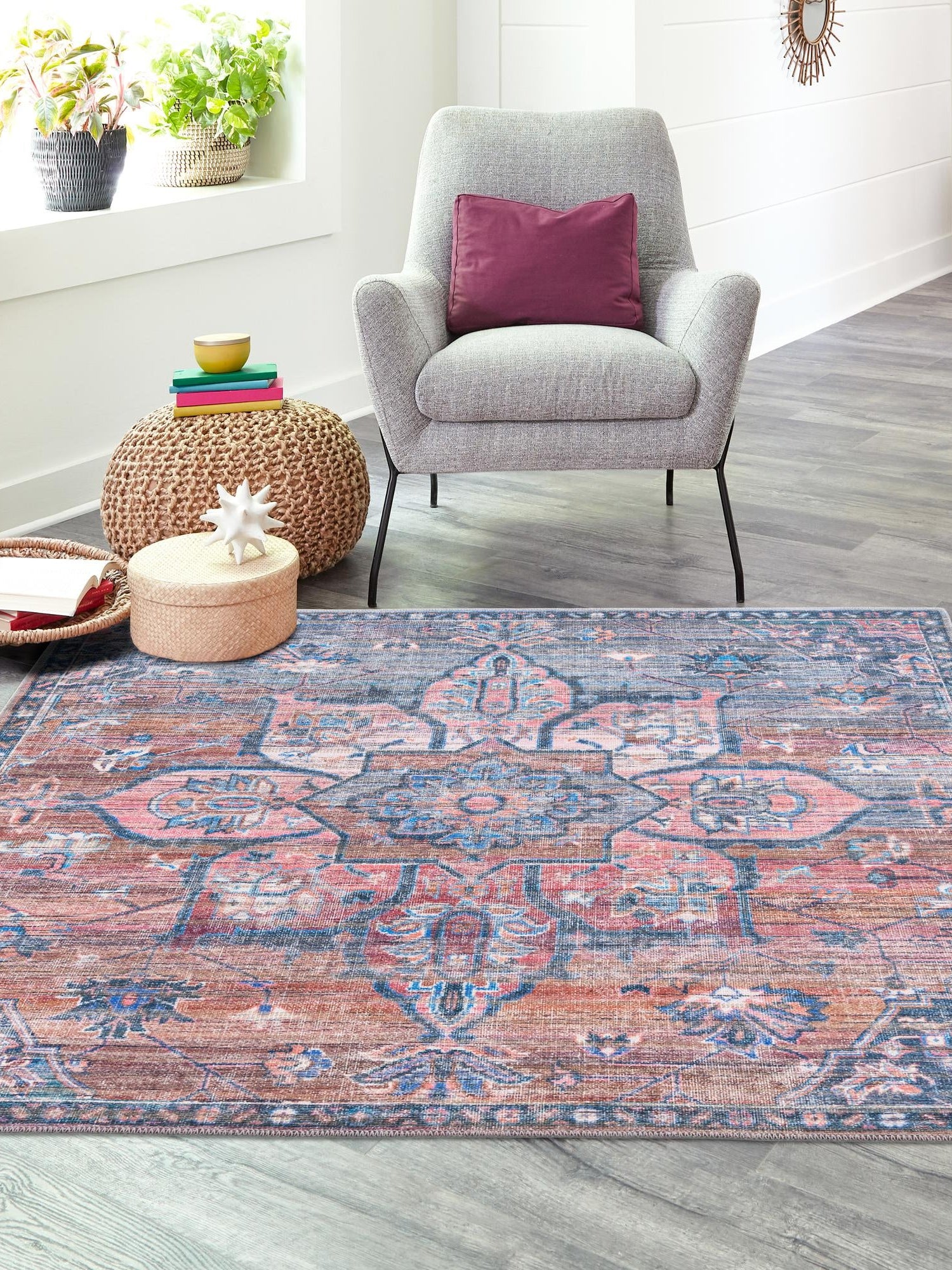 Washable Multicolor 5' 3 x 5' 3 Nostalgia Square Area Rug Easy to Clean Stain Resistant & Durable Polyester Chenille Vintage Distressed Carpet for Sale at Rug Engine