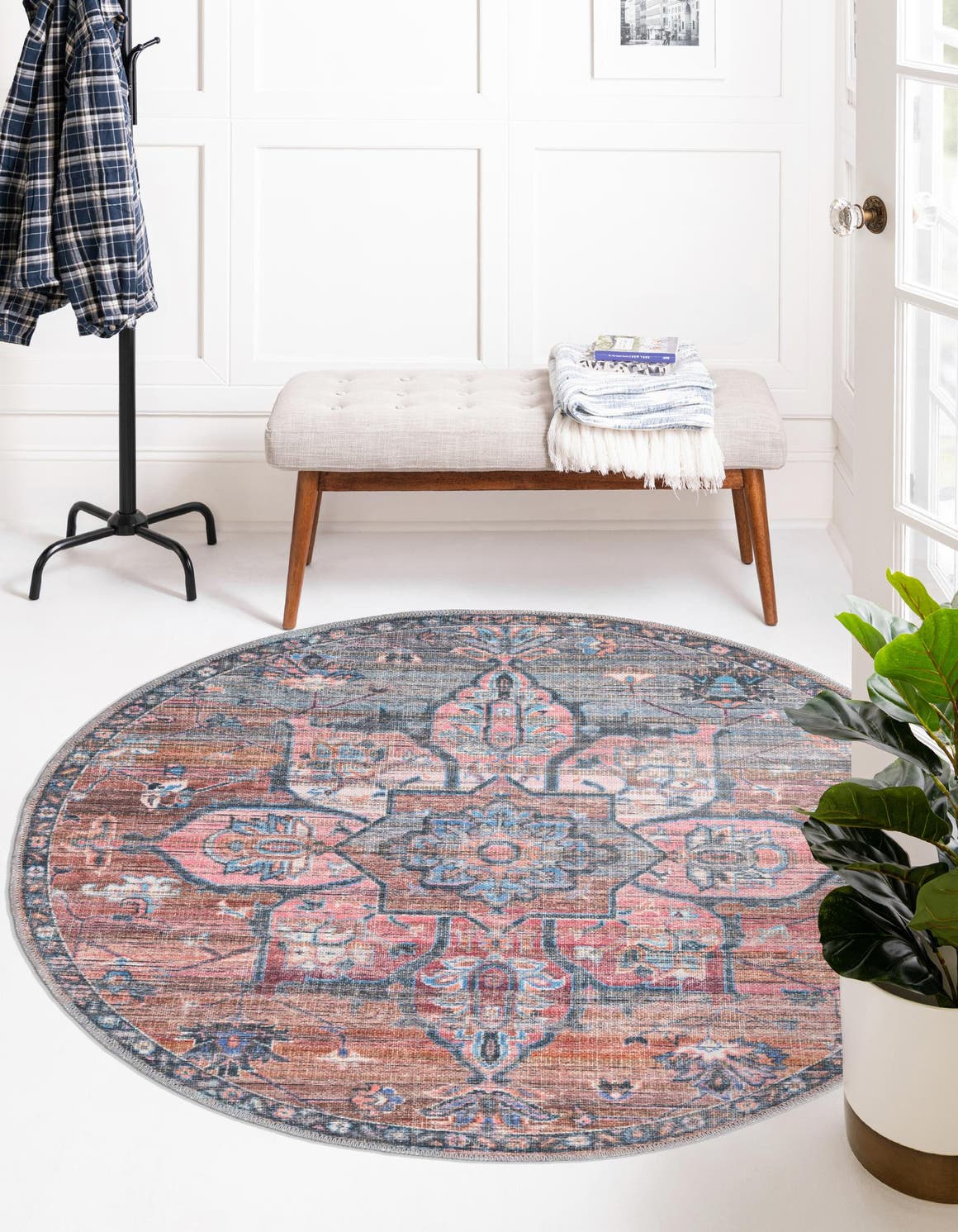 Washable Multicolor 7' 10 x 7' 10 Nostalgia Round Area Rug Easy to Clean Stain Resistant & Durable Polyester Chenille Vintage Distressed Carpet for Sale at Rug Engine